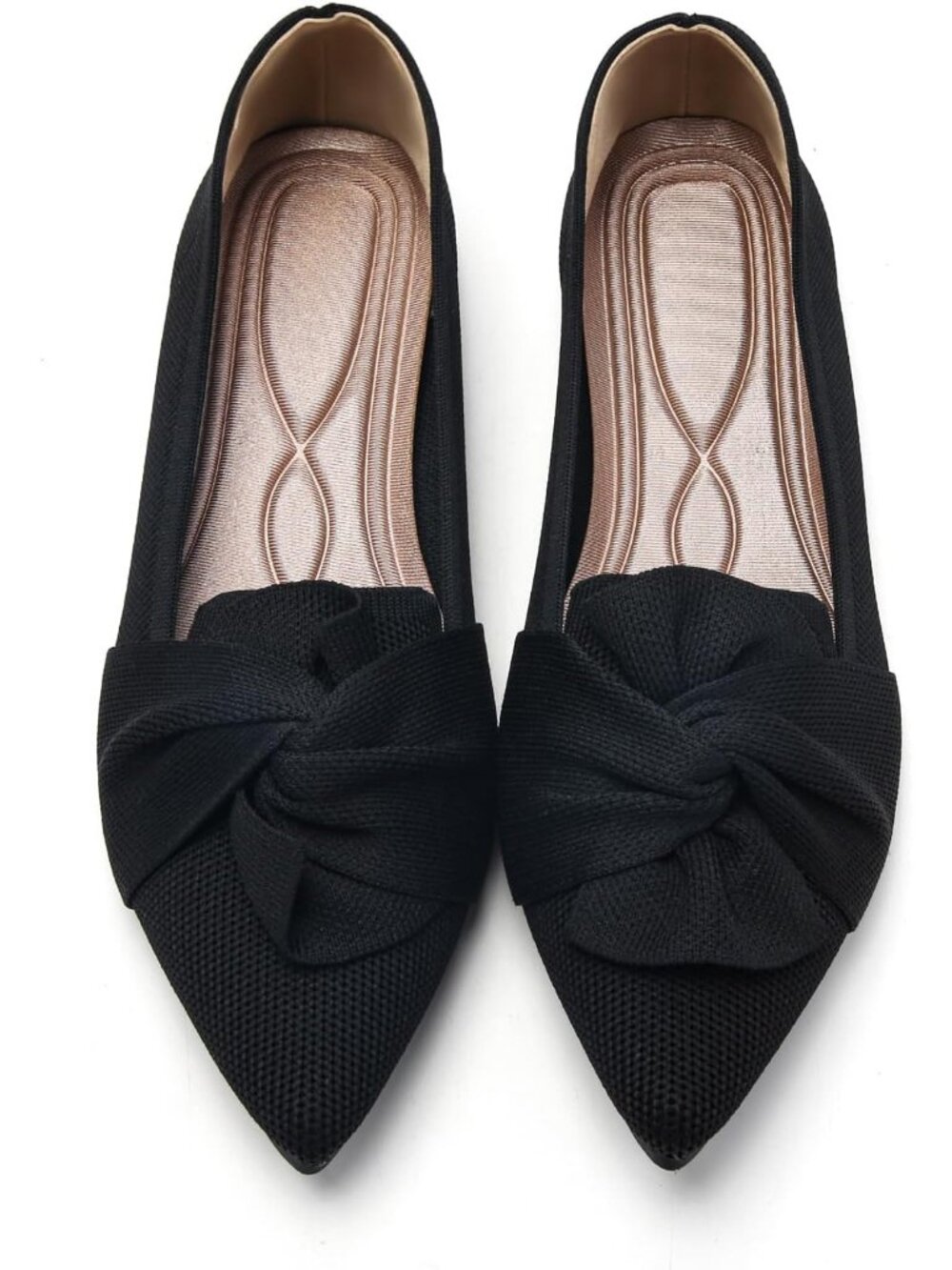Women's Black Bow Pointed Toe Pull On Comfortable Knit Dressy Ballet Flat Shoes
